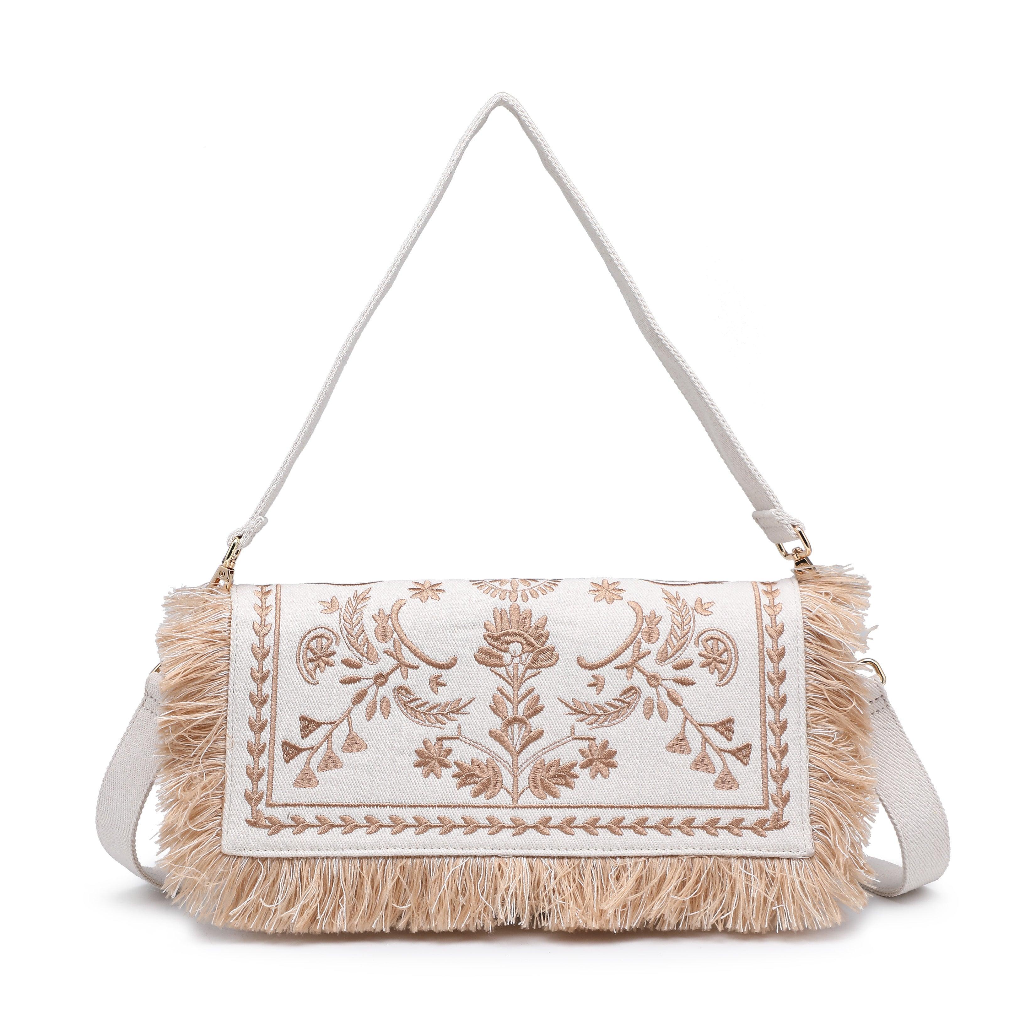 Embroidered ethnic pattern fringed flap shoulder bag