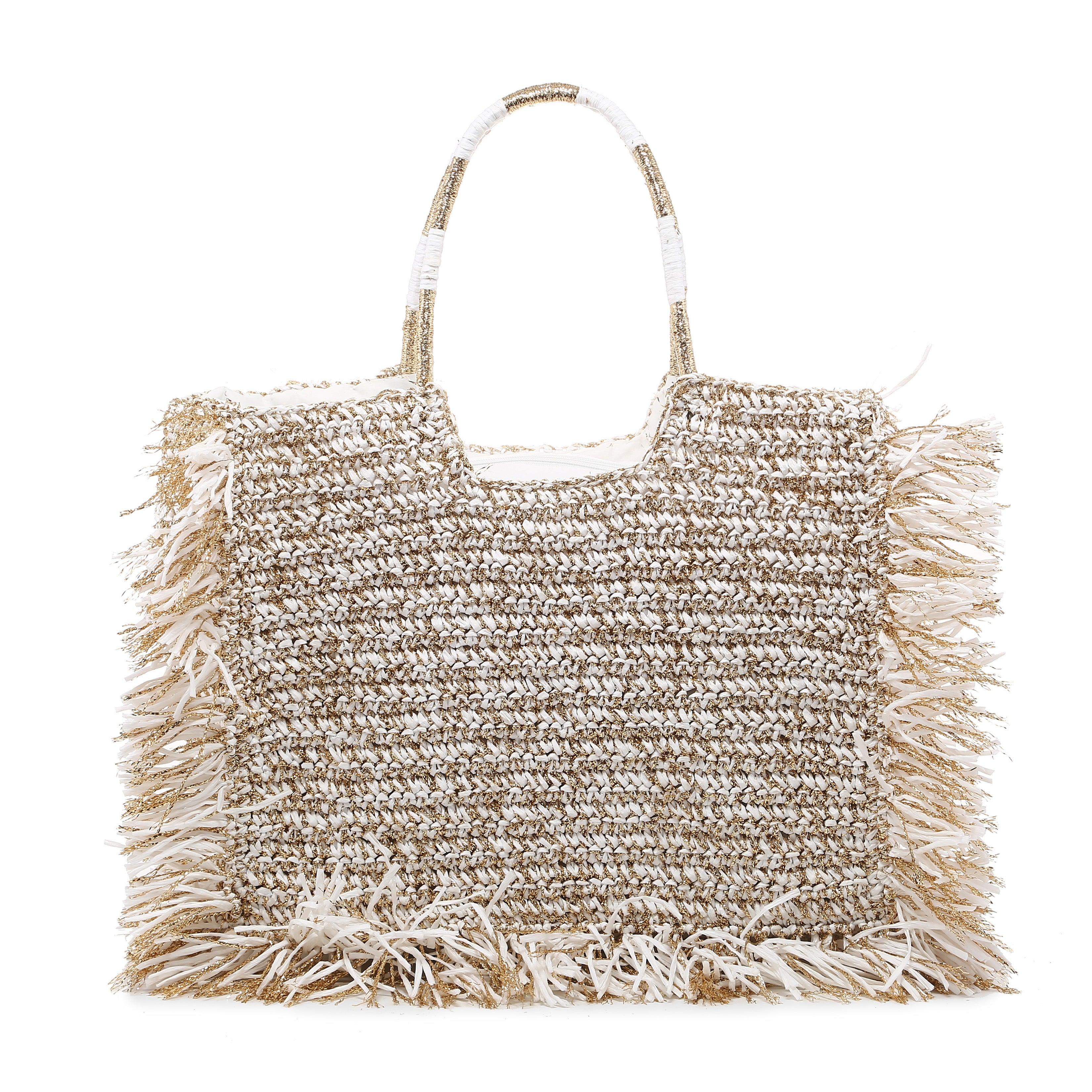Metallic thread woven fringe shoulder tote bag