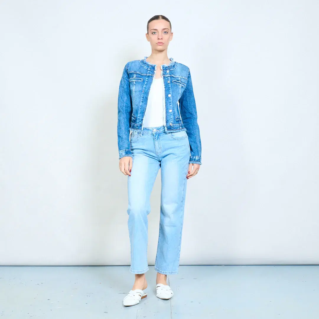 Dark wash cropped denim frayed edge collarless jacket