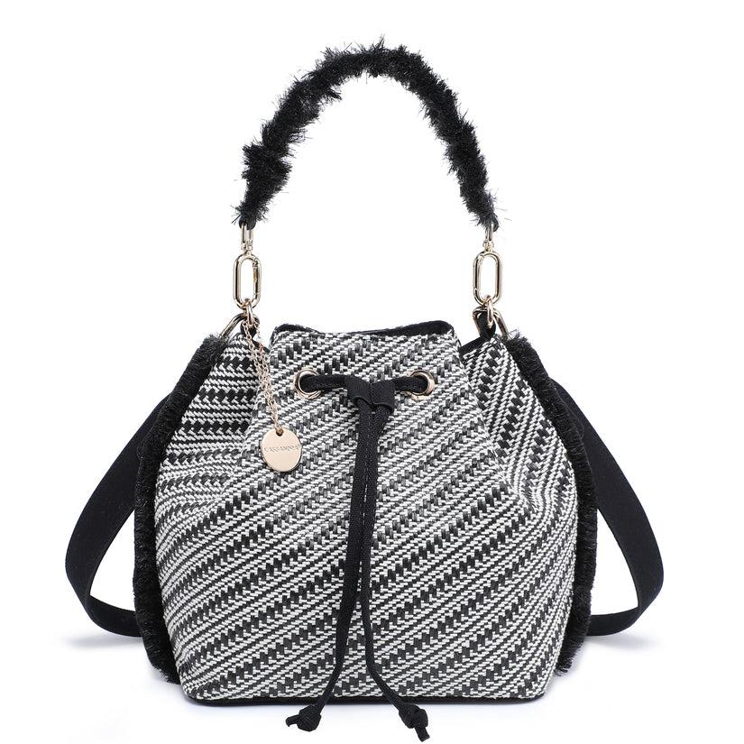 Fringed woven bucket bag with chevron texture and drawstring detail