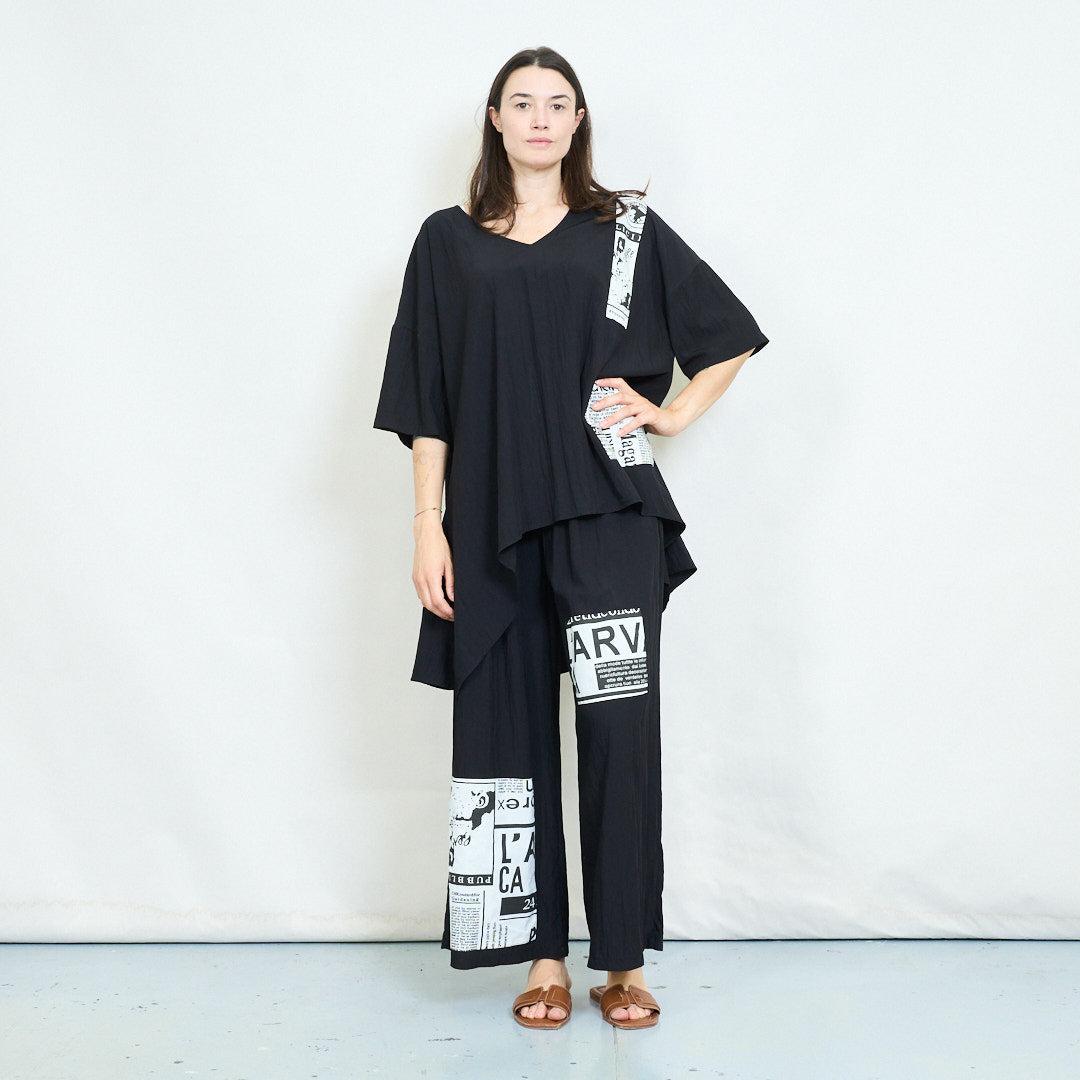 Newspaper print layered tunic blouse