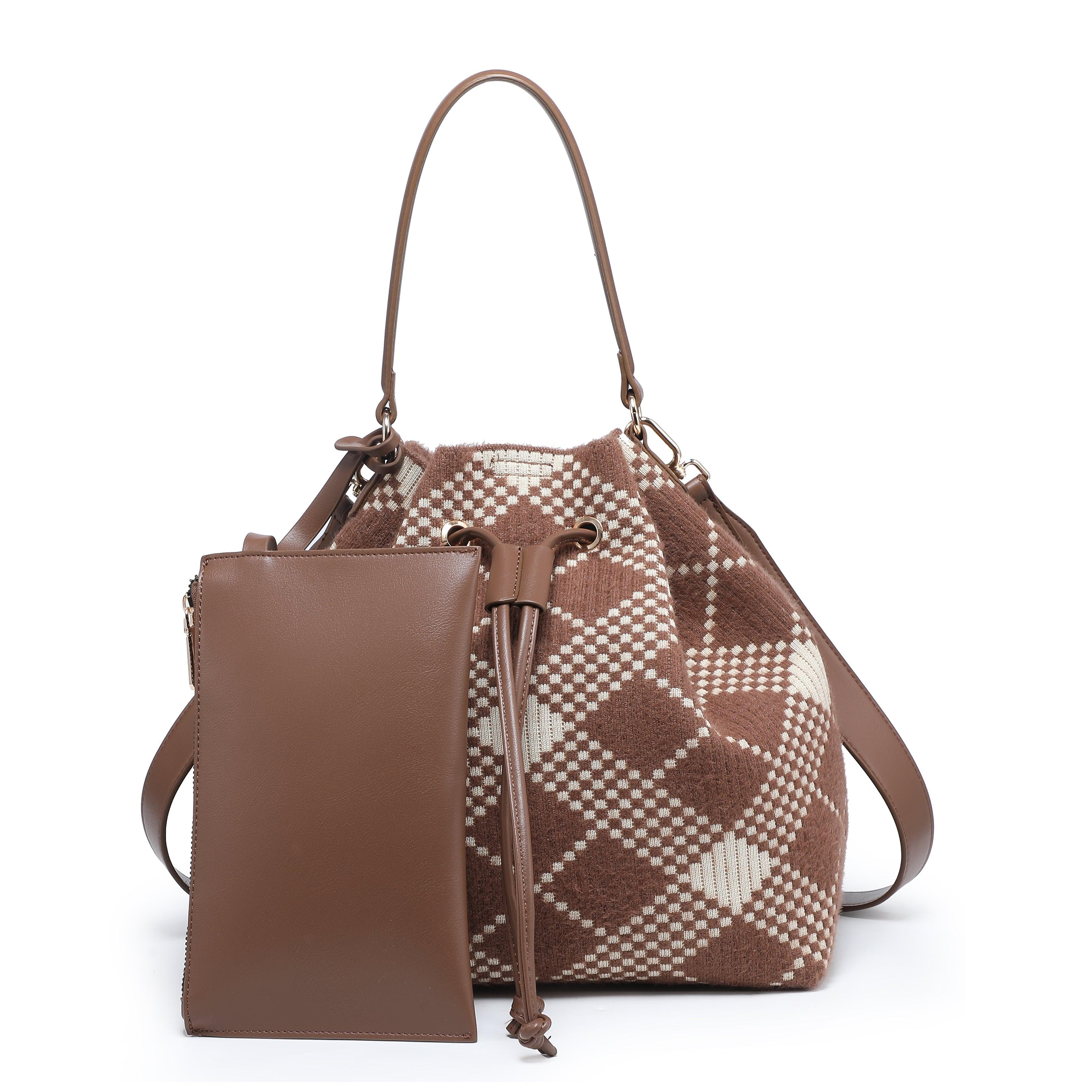 Plaid bucket bag with matching pouch and drawstring closure