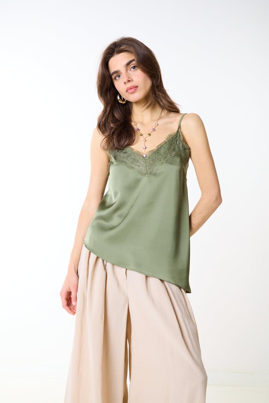 Lace trim v-neck satin camisole top