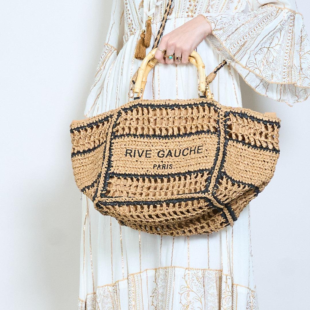 Handwoven straw tote small "RIVE GAUCHE PARIS with bamboo handles detail
